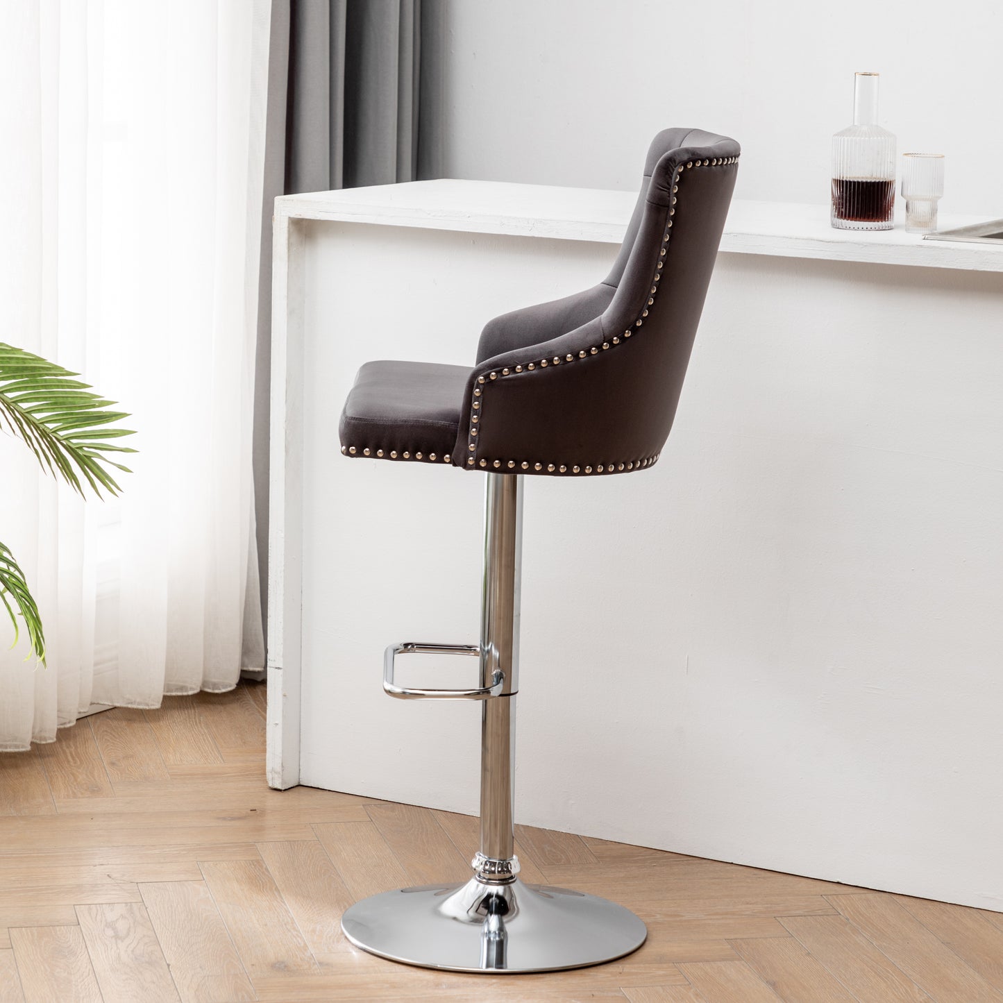 BTExpert Upholstered Dining Adjustable Seat, High Back Stool Bar Chair Gray Tufted - Set of 2