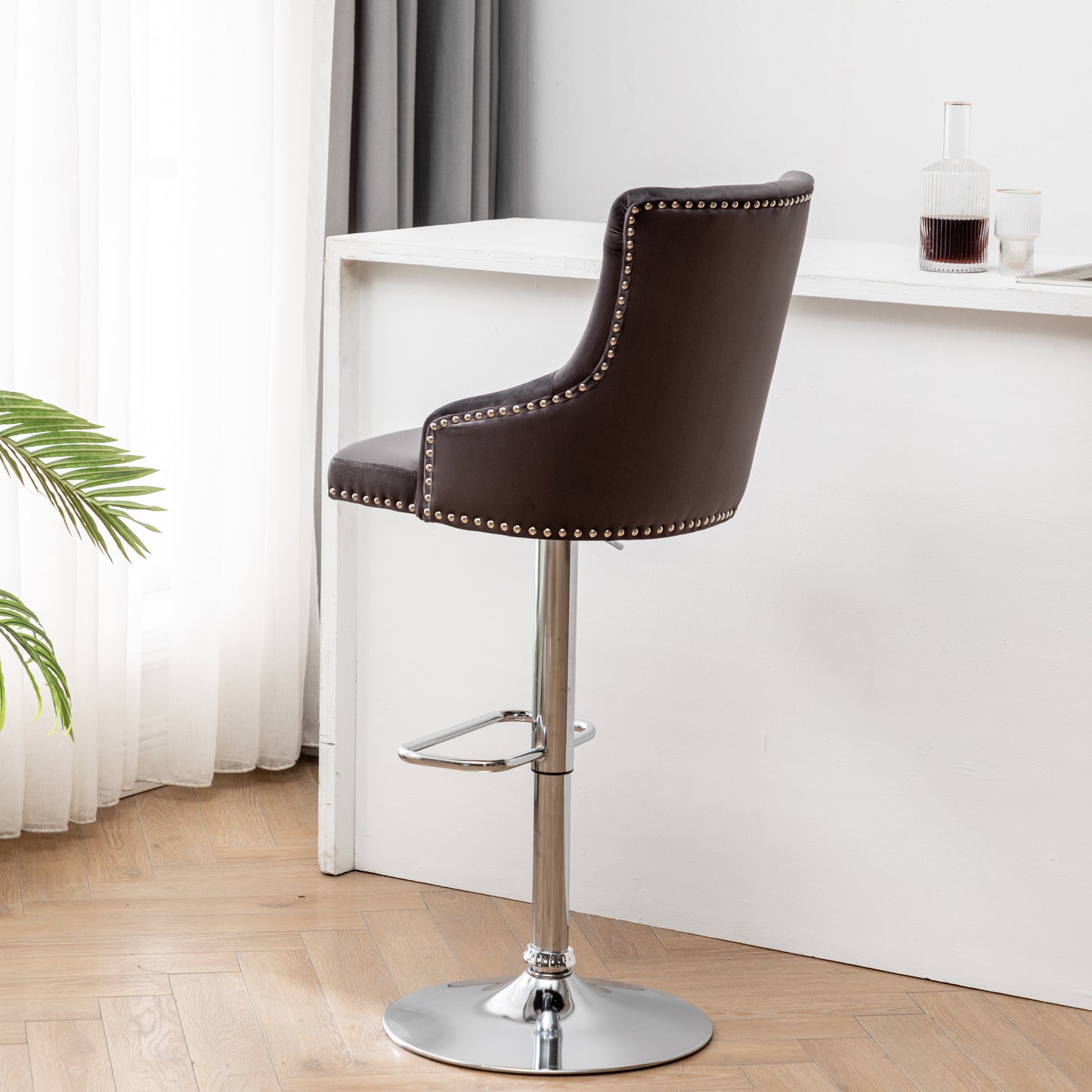 BTExpert Upholstered Dining Adjustable Seat, High Back Stool Bar Chair Gray Tufted - Set of 2