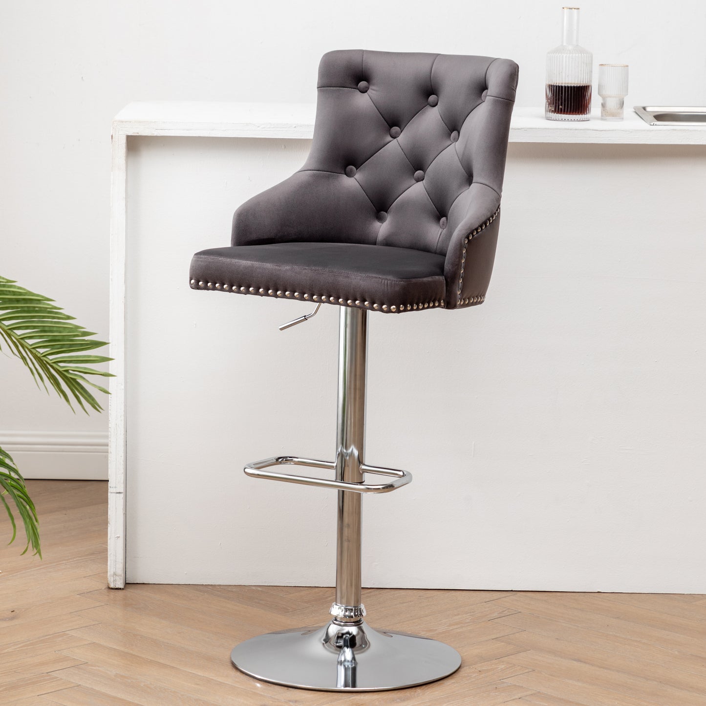 BTExpert Upholstered Dining Adjustable Seat, High Back Stool Bar Chair Gray Tufted - Set of 2