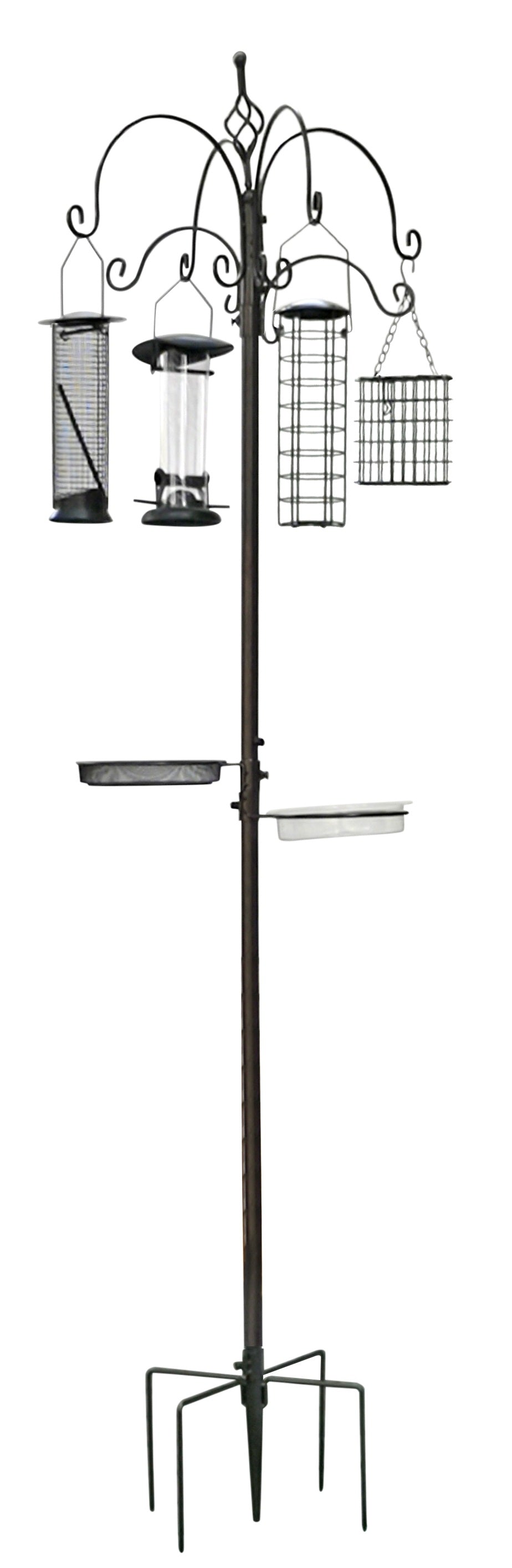 BTExpert 6-Hook Bird Feeding Station Kit, 4 Multi Feeder Poles with Suet, Wire, Peanut Tubes, 22" x 96", 5-Prong Steel Stand