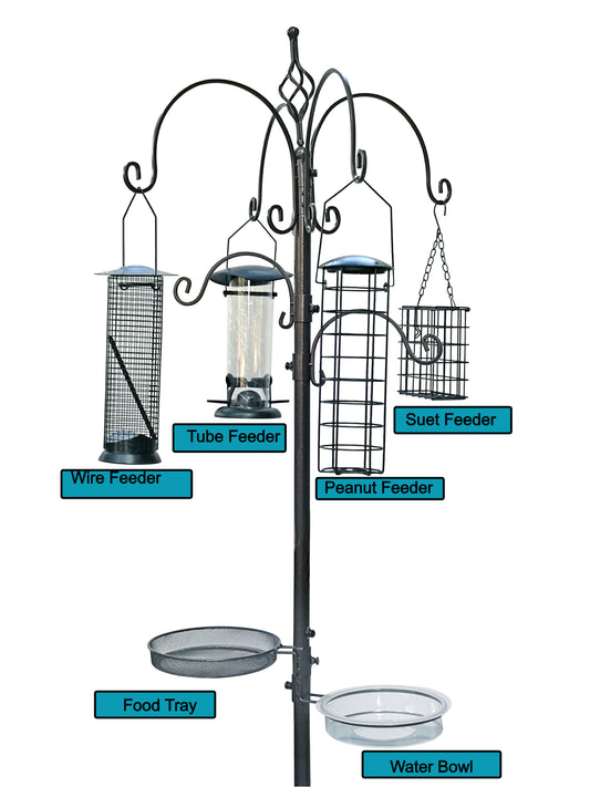 BTExpert 6-Hook Bird Feeding Station Kit, 4 Multi Feeder Poles with Suet, Wire, Peanut Tubes, 22" x 96", 5-Prong Steel Stand