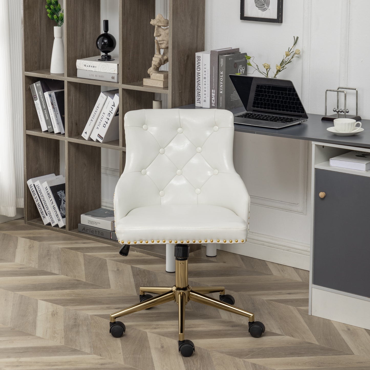 Adjustable PU Leather White Tufted Leisure Chrome Nail Head Trim Upholstery Home Office Chair