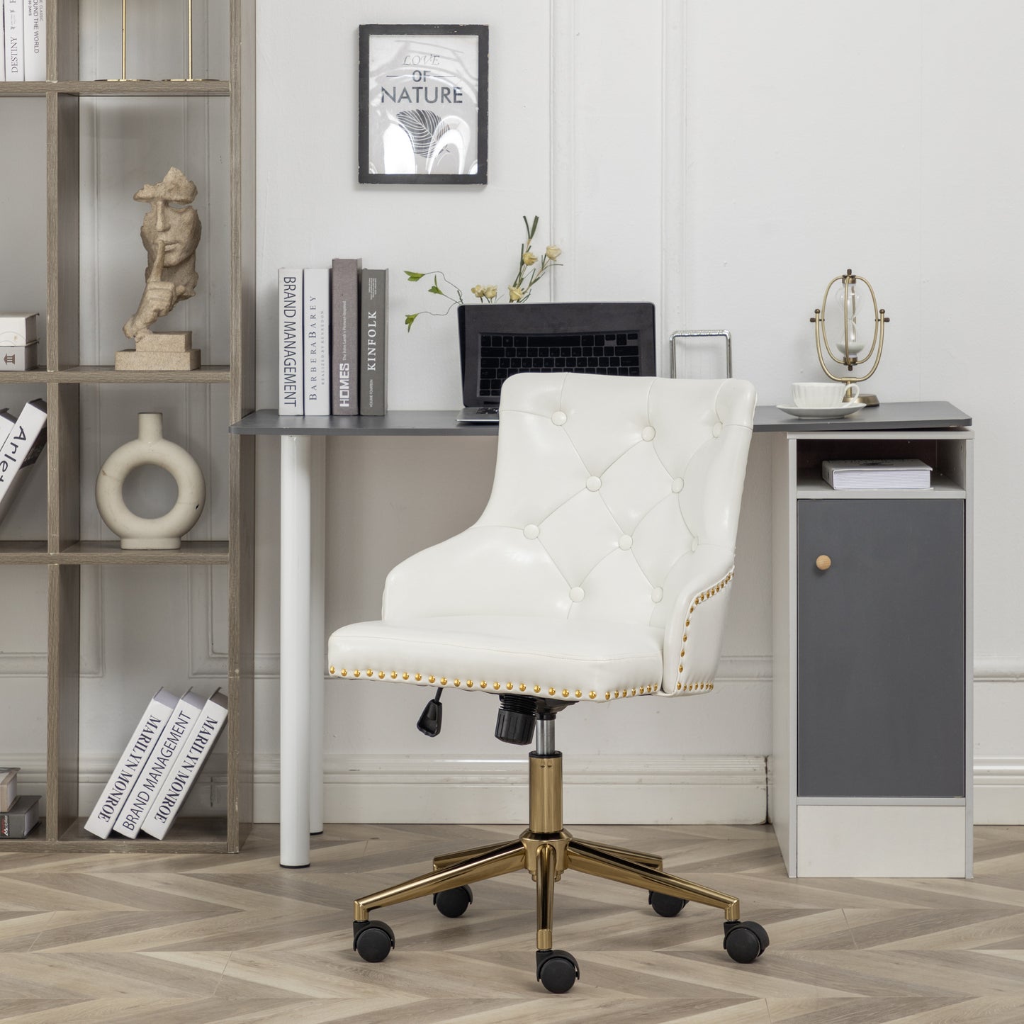 Adjustable PU Leather White Tufted Leisure Chrome Nail Head Trim Upholstery Home Office Chair