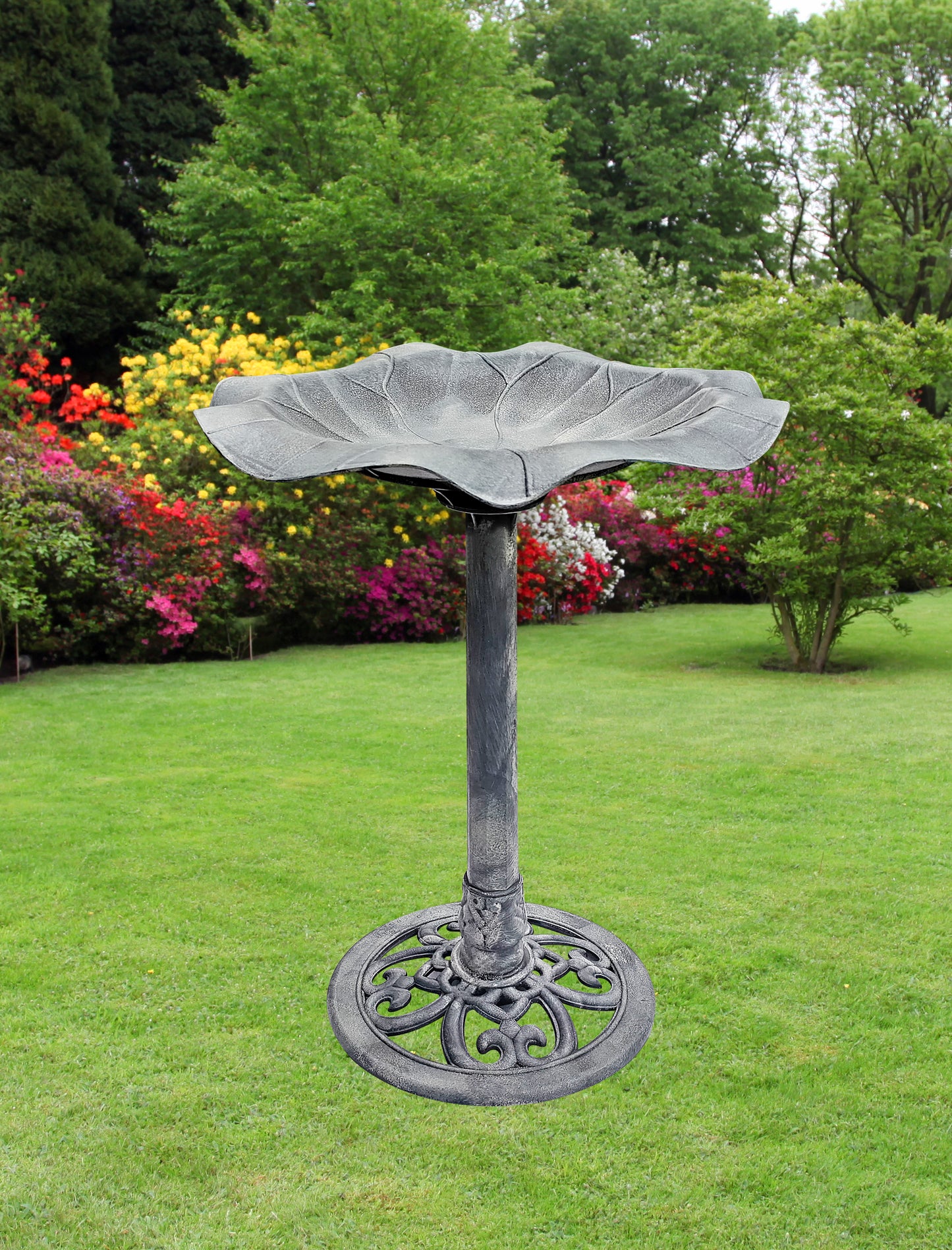 BTExpert Stone Grey Lily Leaf Pedestal Outdoor Garden Floral Bird Bath Decoration Accent