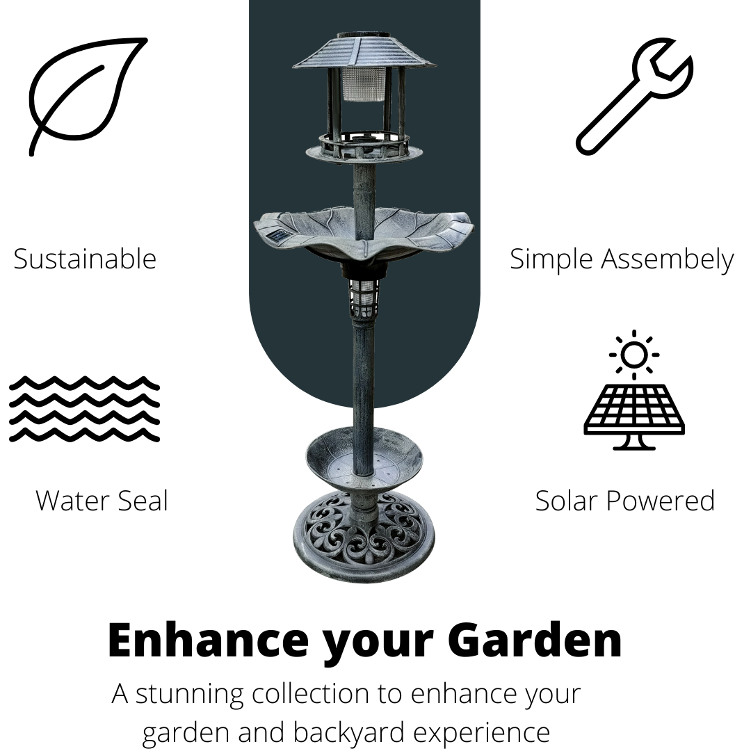 BTExpert Birdbath Vintage Grey Solar Lighted Bath Garden Fountain Decoration Accents