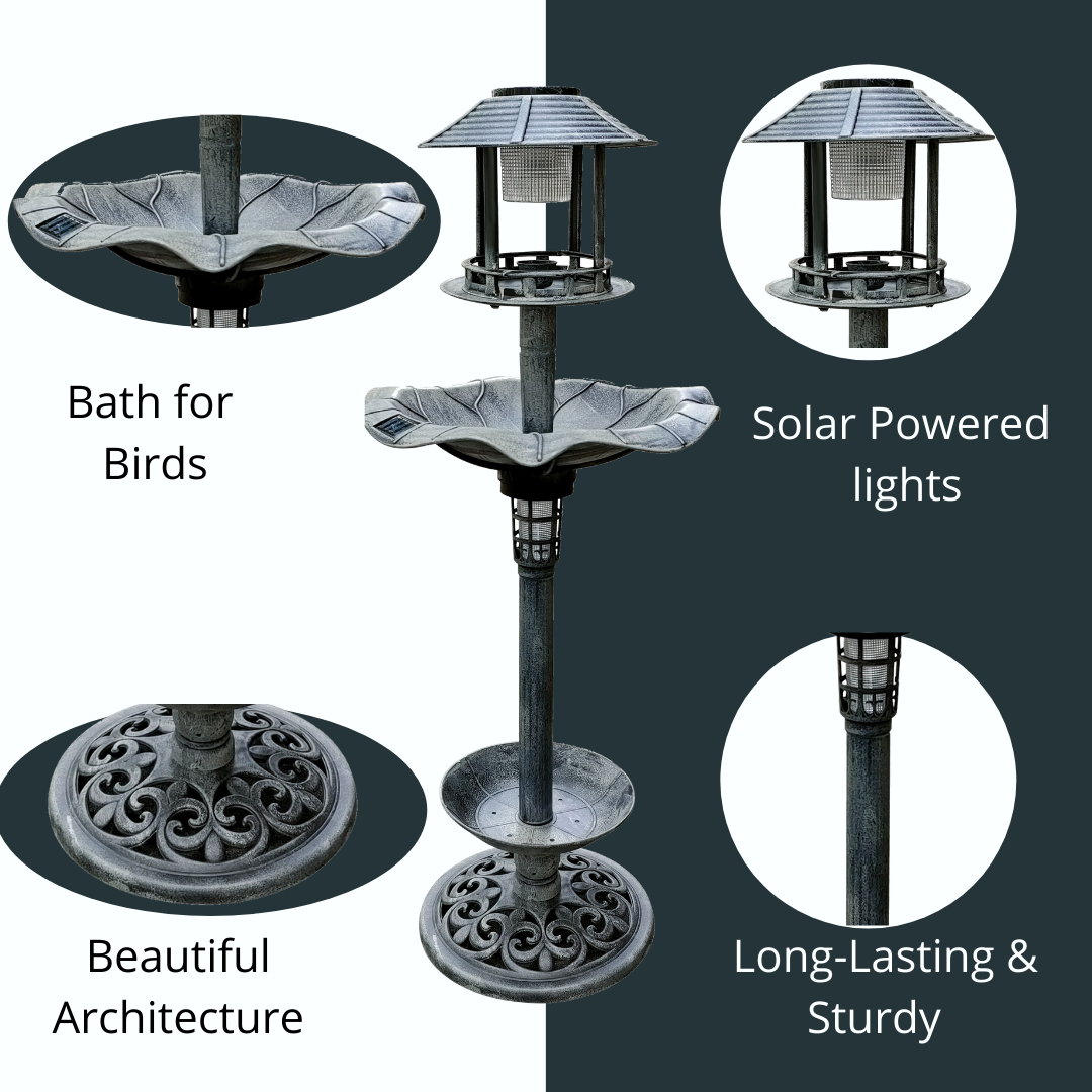BTExpert Birdbath Vintage Grey Solar Lighted Bath Garden Fountain Decoration Accents