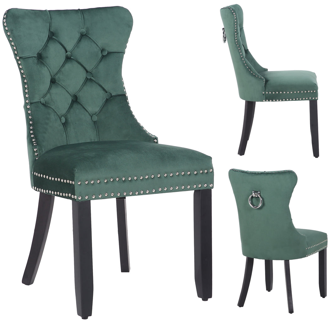 BTEXPERT Green Set of 2 High Back Velvet Tufted Upholstery, Solid Wood-Accent Nail Trim, Ring Leisure Side Bedroom Coffee upholstered Dining Chair