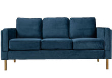 BTEXPERT Blue Velvet 3 Seater Sofa with Stainless Steel Legs in Polished Gold Finish