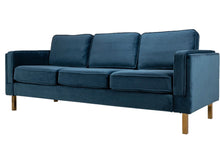 BTEXPERT Blue Velvet 3 Seater Sofa with Stainless Steel Legs in Polished Gold Finish