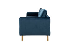 BTEXPERT Blue Velvet 3 Seater Sofa with Stainless Steel Legs in Polished Gold Finish