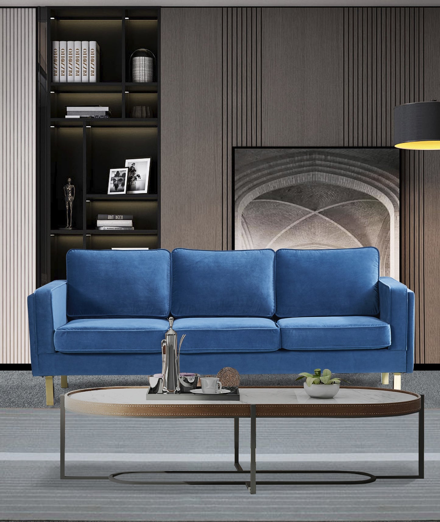 BTEXPERT Blue Velvet 3 Seater Sofa with Stainless Steel Legs in Polished Gold Finish