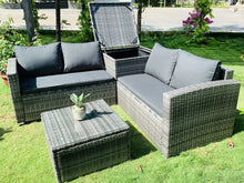 4 Piece Outdoor Sectional Sofa Set, Rattan Patio Storage End Table Deck Yard Garden Poolside Wicker Furniture Couch Table & Cushions Side Summer Grey