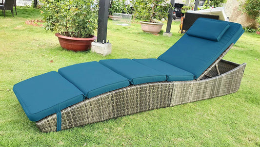 BTExpert Chaise Lounge Pool Cushioned Wicker Patio Rattan Reclining Sun Lounger, Navy Blue, Fully Assembled