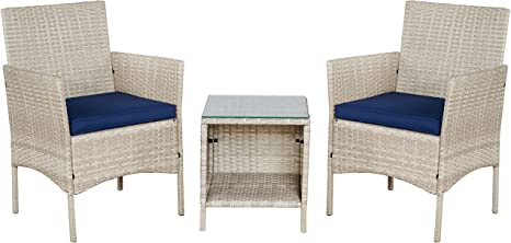Outdoor 3-Piece Conversation Set (Tan/Navy Blue) PE Rattan Wicker Chairs with Tempered Glass Table
