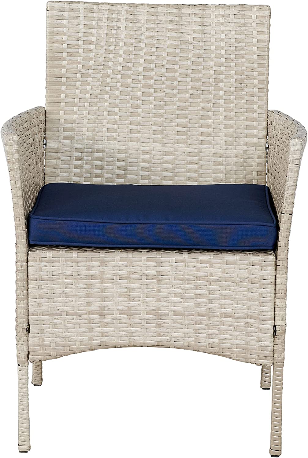 Outdoor 3-Piece Conversation Set (Tan/Navy Blue) PE Rattan Wicker Chairs with Tempered Glass Table