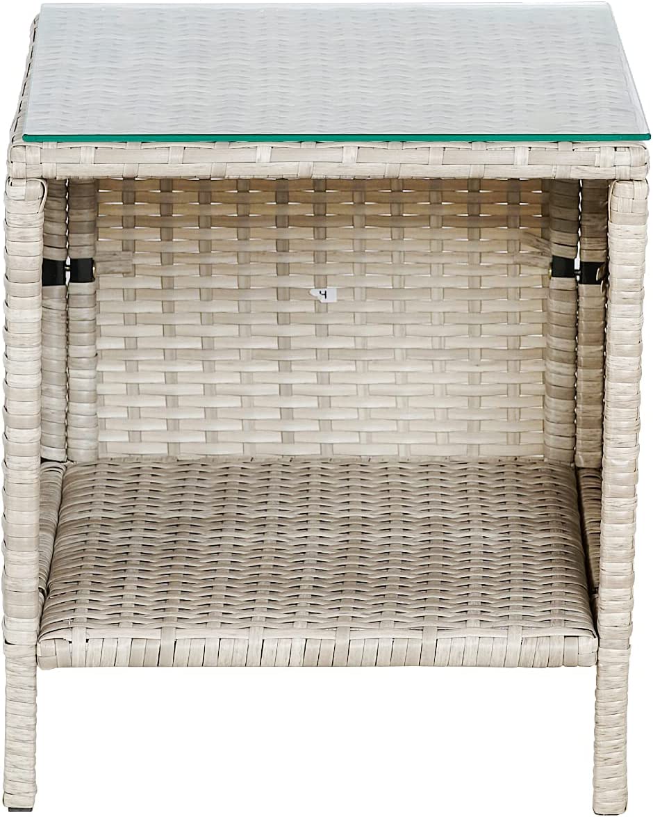 Outdoor 3-Piece Conversation Set (Tan/Navy Blue) PE Rattan Wicker Chairs with Tempered Glass Table