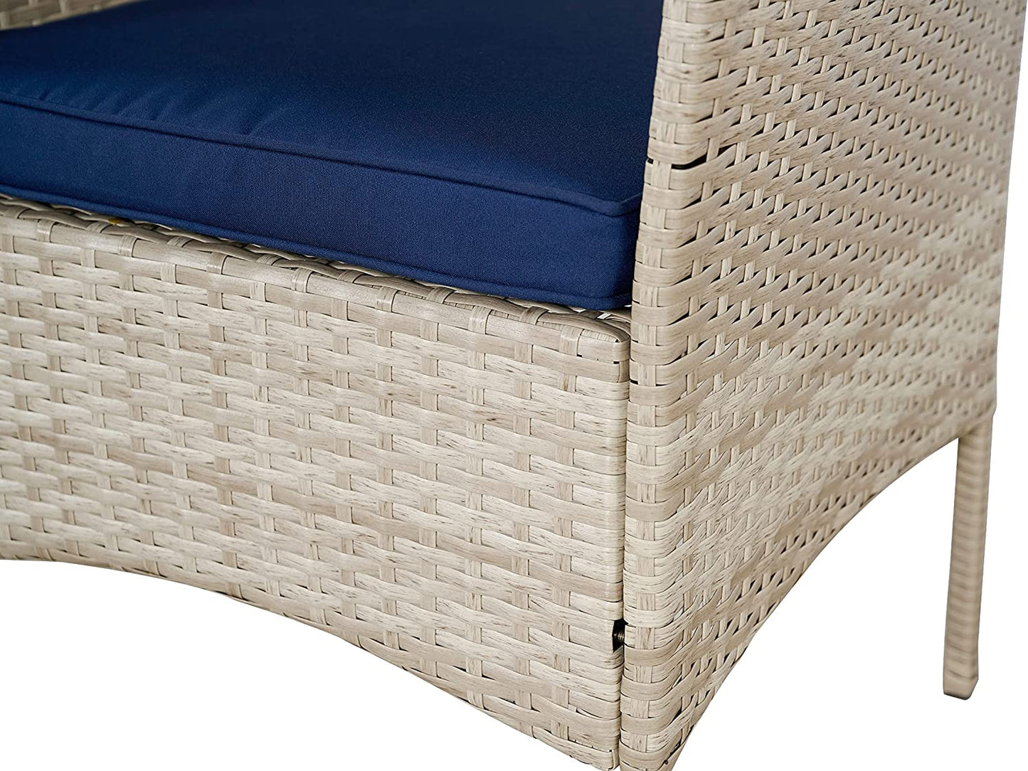 Outdoor 3-Piece Conversation Set (Tan/Navy Blue) PE Rattan Wicker Chairs with Tempered Glass Table