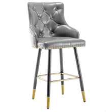 BTEXPERT Premium upholstered Dining 26" High Back Stool Bar Chairs, Gray PU Leather Tufted Gold Nail Head Trim Set of 2