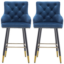 BTEXPERT Premium upholstered Dining 25" High Back Stool Bar Chairs, Blue Velvet Tufted Gold Nail Head Trim  Set of 2