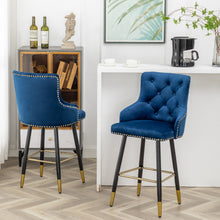 BTEXPERT Premium upholstered Dining 25" High Back Stool Bar Chairs, Blue Velvet Tufted Gold Nail Head Trim  Set of 2