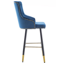 BTEXPERT Premium upholstered Dining 25" High Back Stool Bar Chairs, Blue Velvet Tufted Gold Nail Head Trim  Set of 2