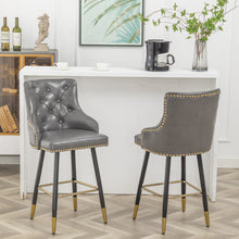 BTEXPERT Premium upholstered Dining 26" High Back Stool Bar Chairs, Gray PU Leather Tufted Gold Nail Head Trim Set of 2