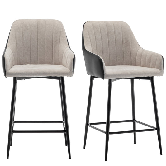 BTExpert Earth Tone 25" High Back Bar Stools, Beige Fabric & Black PU Leather Upholstered Chairs - Set of 2