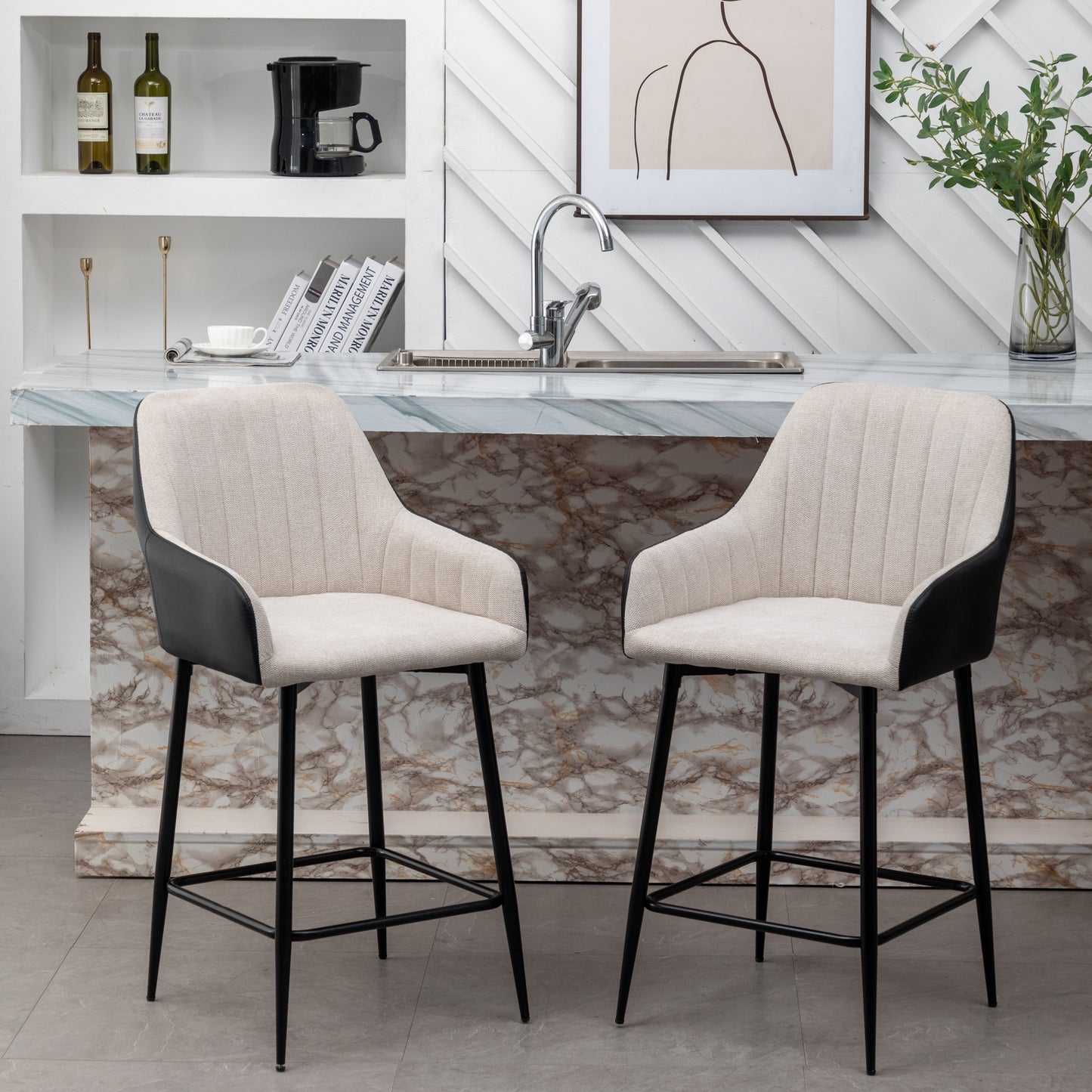 BTExpert Earth Tone Premium 24" High Back Dining Bar Stools, Beige Linen & Black PU Leather - Set of 2