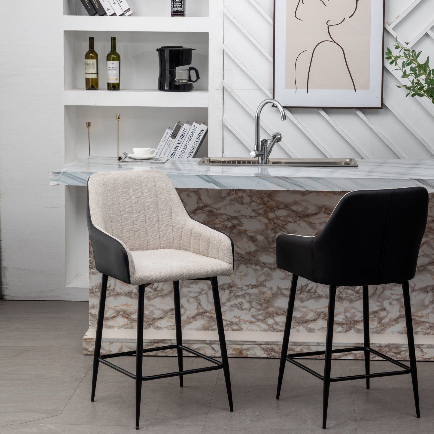 BTExpert Earth Tone Premium 24" High Back Dining Bar Stools, Beige Linen & Black PU Leather - Set of 2