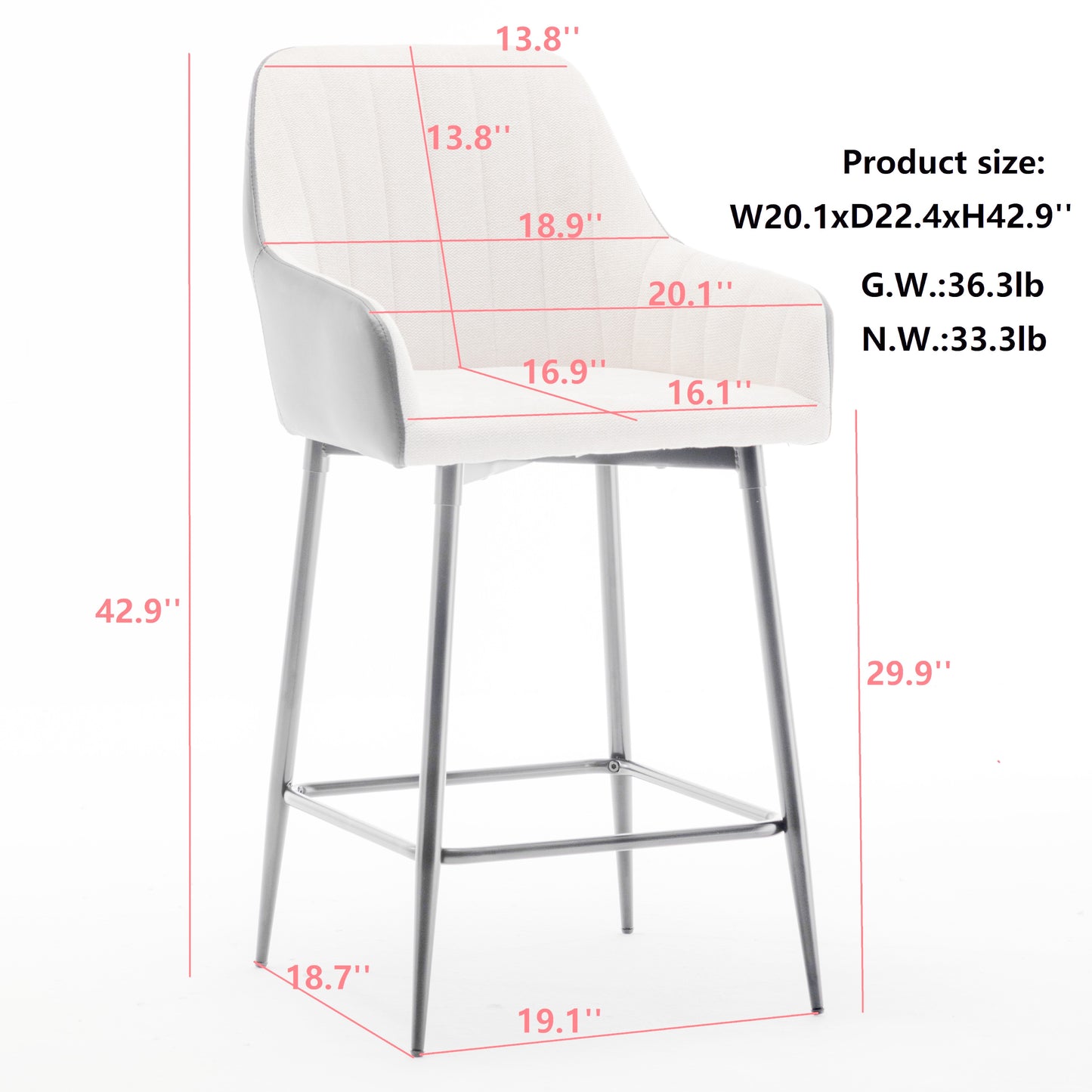 BTExpert Earth Tone Premium 24" High Back Dining Bar Stools, Beige Linen & Black PU Leather - Set of 2