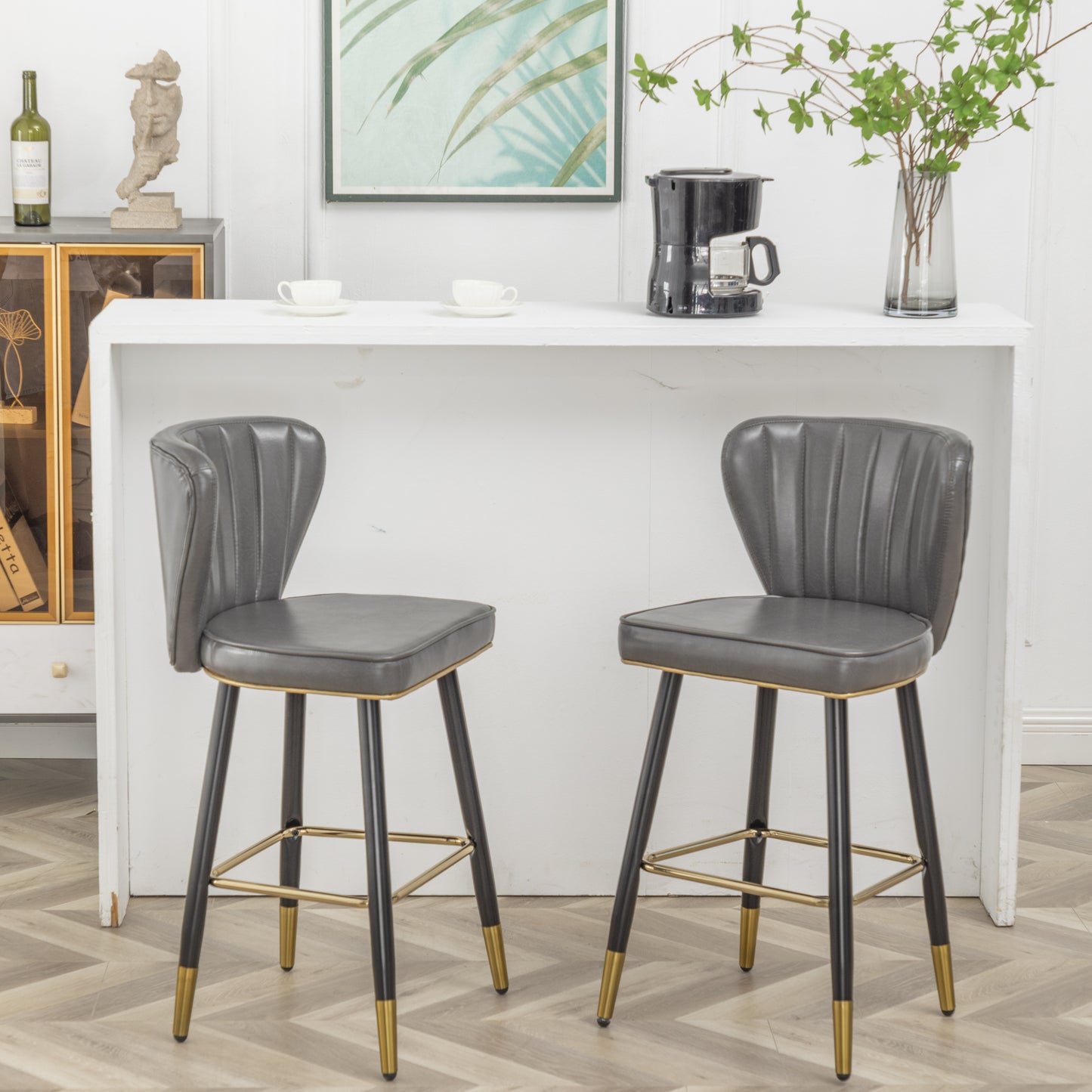 BTExpert 25" High Back Dining Bar Stools, Gray PU Leather Shellback with Gold Trim Feet - Set of 2