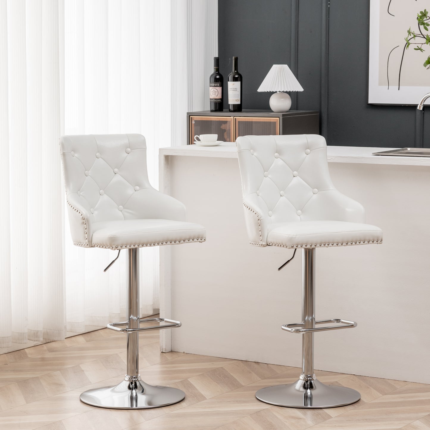 BTExpert Plush Velvet Adjustable Swivel Bar Stool, White PU Leather, Nailhead Trim - Set of 2