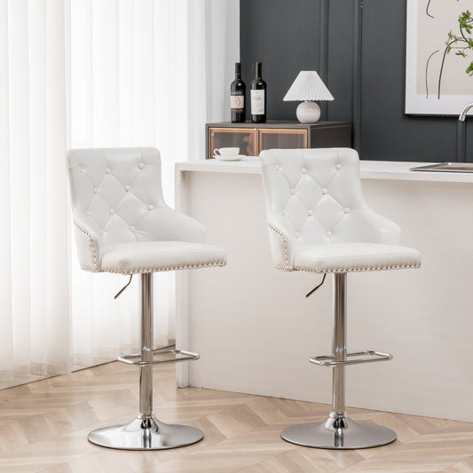 BTExpert Plush Velvet Adjustable Swivel Bar Stool, White PU Leather, Nailhead Trim - Set of 2
