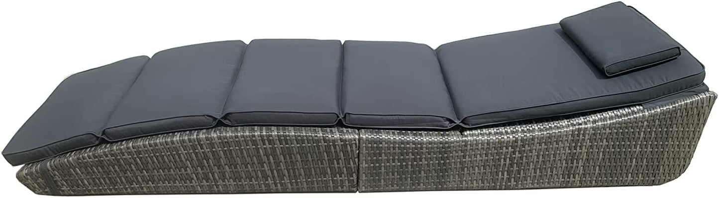 BTExpert Outdoor Foldable Chaise Lounge Chair, Wicker Rattan Reclining Sun Bed with Adjustable Padded Backrest & Pillow, Grey - Set of 2