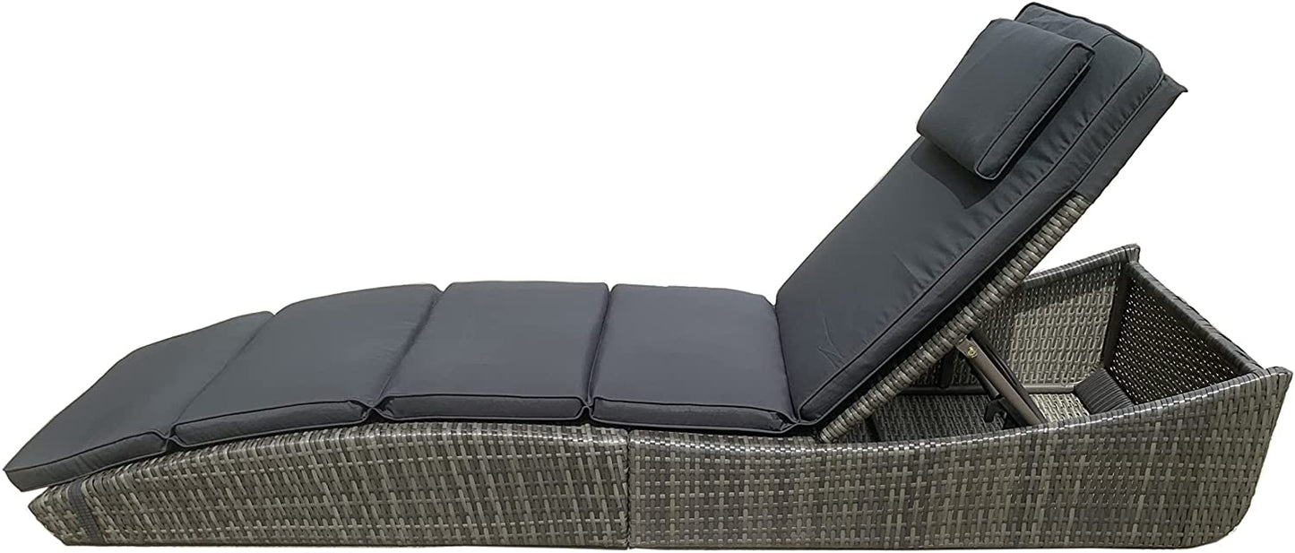 BTExpert Outdoor Foldable Chaise Lounge, Wicker Rattan Sun Bed, Adjustable Backrest & Pillow, Grey