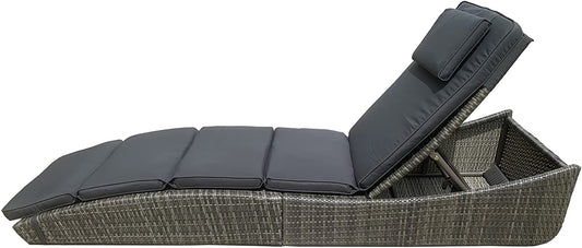 BTExpert Outdoor Foldable Chaise Lounge, Wicker Rattan Sun Bed, Adjustable Backrest & Pillow, Grey