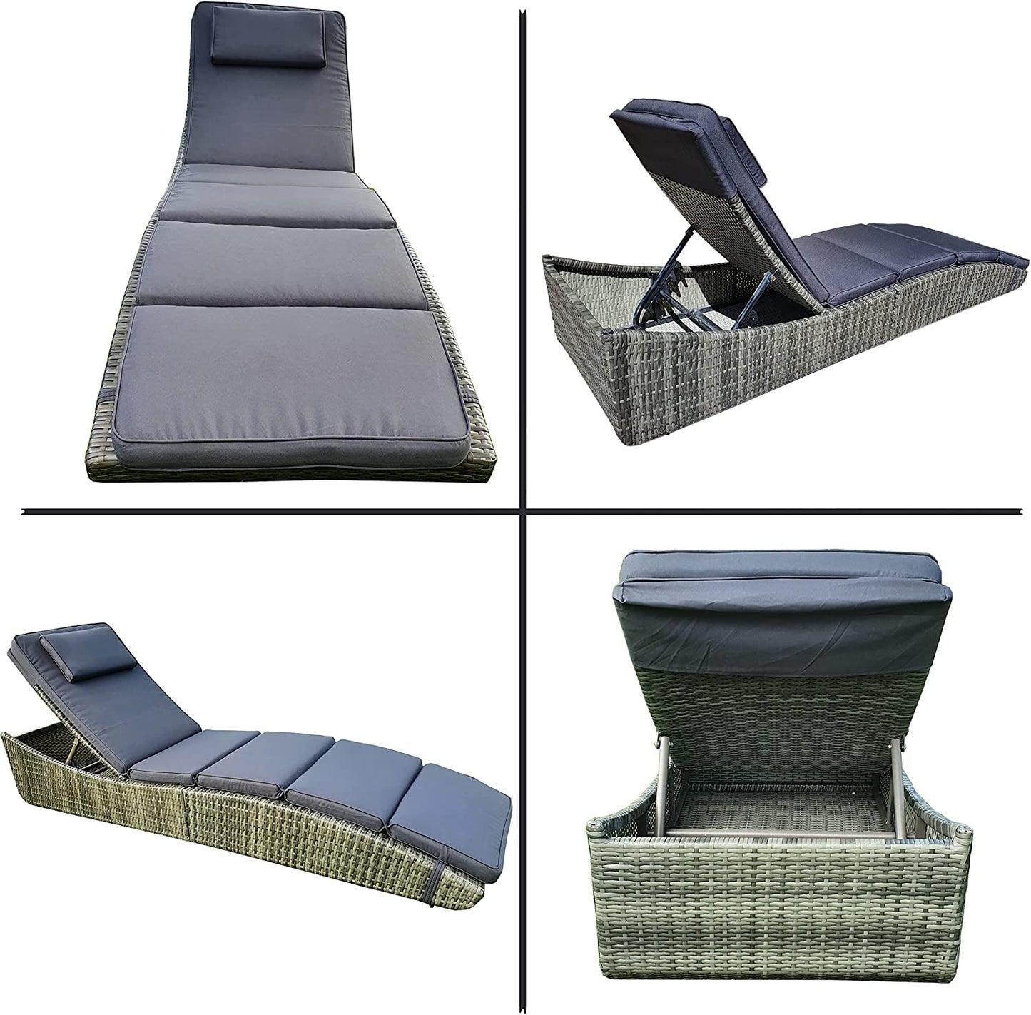 BTExpert Outdoor Foldable Chaise Lounge Chair, Wicker Rattan Reclining Sun Bed with Adjustable Padded Backrest & Pillow, Grey - Set of 2