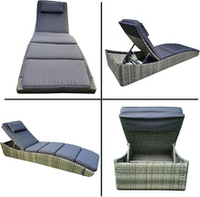 Outdoor Foldable Chaise Pool Lounge Chair Folding Wicker Rattan Sun Bed Patio Couch Reclining Lounger Adjustable Padded Backrest Pillow Grey Set of 2