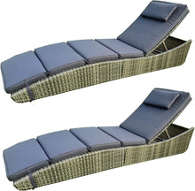 Outdoor Foldable Chaise Pool Lounge Chair Folding Wicker Rattan Sun Bed Patio Couch Reclining Lounger Adjustable Padded Backrest Pillow Grey Set of 2