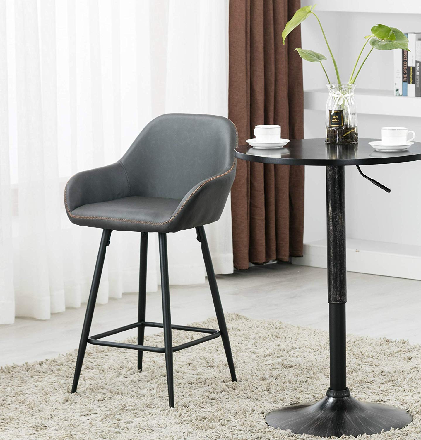 BTExpert Two NEW 25" Counter Height Bucket Upholstered Dark Gray Dining Barstools - Set of 2
