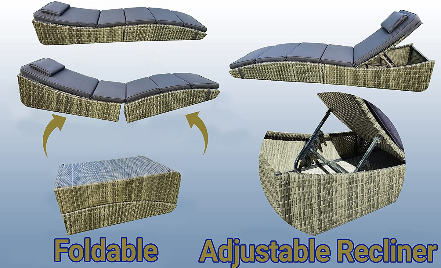 BTExpert Outdoor Foldable Chaise Lounge, Wicker Rattan Sun Bed, Adjustable Backrest & Pillow, Grey