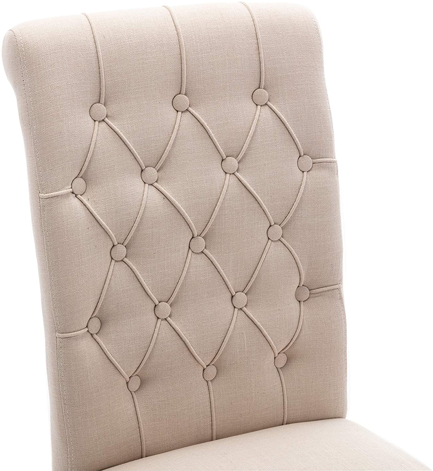 BTExpert Tufted High Back Upholstered Dining Chairs, Solid Wood, Nail Trim, Beige Linen