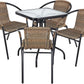 BTExpert 23.75" Square Glass Table & 4 Brown Rattan Stack Chairs, Indoor/Outdoor Lightweight Commercial Set
