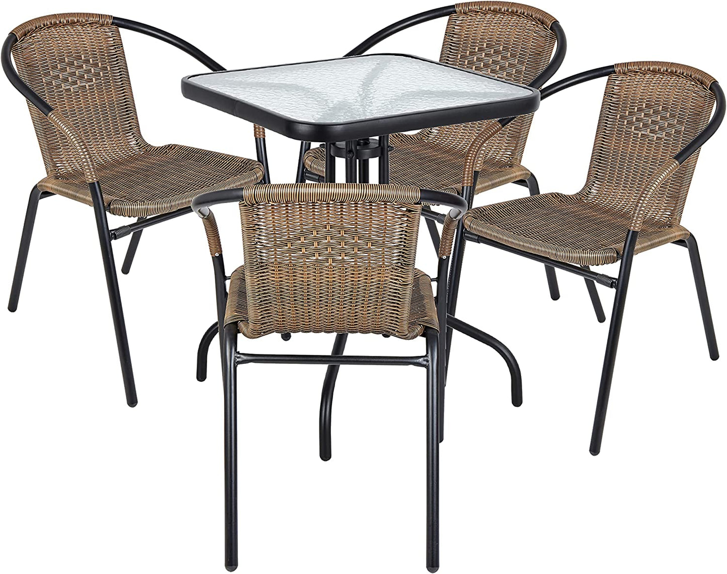 BTExpert 23.75" Square Glass Table & 4 Brown Rattan Stack Chairs, Indoor/Outdoor Lightweight Commercial Set