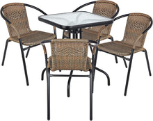 BTExpert Indoor Outdoor 23.75" Square Tempered Glass Metal Table + 4 Brown Restaurant Rattan Stack Chairs Commercial Lightweight