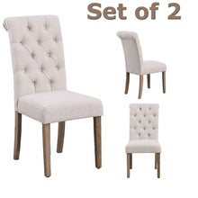 SET OF 2 High Back Tufted Parsons Upholstered Padded Dining Room Chairs Side Solid Wood-Accent Nail Trim Linen Beige