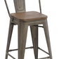 24" Metal Antique Rustic Counter height Bar Stool Chair High Back Wood seat - Set of 2