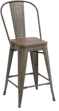 24" Metal Antique Rustic Counter height Bar Stool Chair High Back Wood seat Set of 4