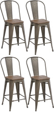 24" Metal Antique Rustic Counter height Bar Stool Chair High Back Wood seat Set of 4
