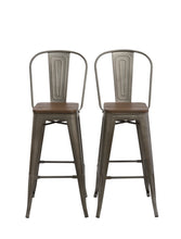 30" Metal Antique Rustic Counter height Bar Stool Chair High Back Wood seat Set of 2